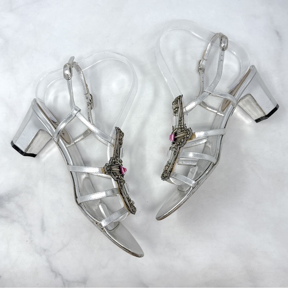 CHANEL Vintage CC Coco Mark Rhinestone Low Mid Leather Sandal Heels Silver 37.5 - Picture 8 of 15